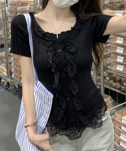Alvia(アルビア)の「レースフリルドッキングニット(ニット/セーター・レディース・ピンク/ホワイト/ブラック・M)」の15枚目の写真