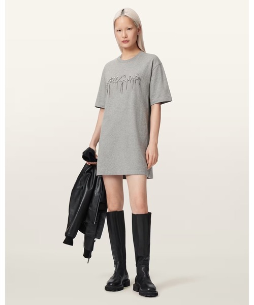 ALLSAINTS（オールセインツ）の「CHAINS EMBELLISHED T-SHIRT MINI DRESS | CHAINS エンベリッシュド Tシャツ ミニ ドレス・ワンピース（ワンピース・レディース・グレー系その他・XS/S/M/L）」の4枚目の写真