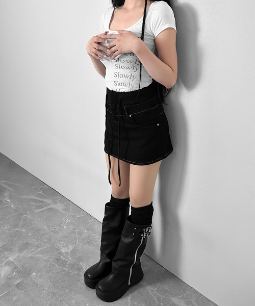 FOLLOWIN（フォロウィン）の「ステッチスウェットミニスカート（スカート・レディース・グレー/ブラック・FREE）」の5枚目の写真