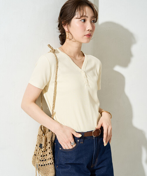 FREAK'S STORE(フリークスストア)の「限定展開 <抗菌防臭・接触冷感>MINT テレコ ピコレース ボタン トップス(Tシャツ/カットソー・レディース・ライトグレー/ナチュラル/ネイビー/オレンジ/モカ/ブラック・フリ-)」の10枚目の写真
