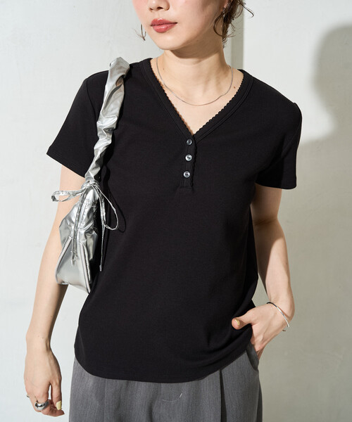 FREAK'S STORE(フリークスストア)の「限定展開 <抗菌防臭・接触冷感>MINT テレコ ピコレース ボタン トップス(Tシャツ/カットソー・レディース・ライトグレー/ナチュラル/ネイビー/オレンジ/モカ/ブラック・フリ-)」の14枚目の写真