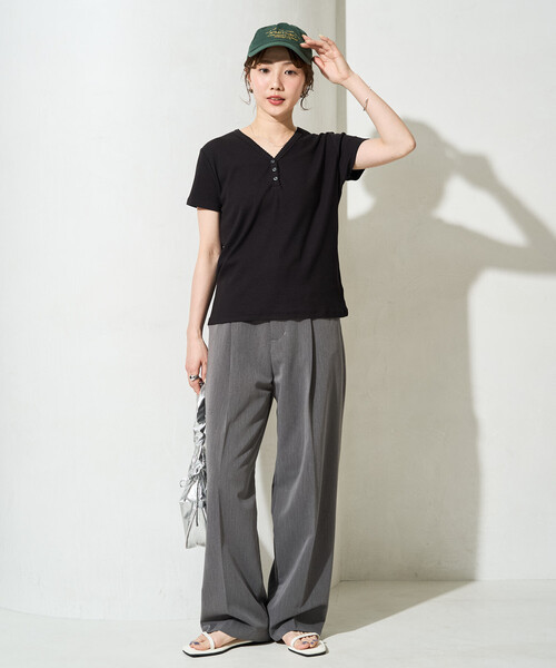 FREAK'S STORE(フリークスストア)の「限定展開 <抗菌防臭・接触冷感>MINT テレコ ピコレース ボタン トップス(Tシャツ/カットソー・レディース・ライトグレー/ナチュラル/ネイビー/オレンジ/モカ/ブラック・フリ-)」の15枚目の写真