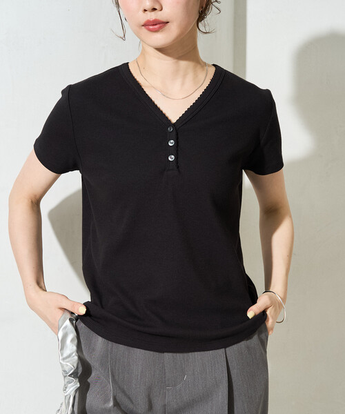 FREAK'S STORE(フリークスストア)の「限定展開 <抗菌防臭・接触冷感>MINT テレコ ピコレース ボタン トップス(Tシャツ/カットソー・レディース・ライトグレー/ナチュラル/ネイビー/オレンジ/モカ/ブラック・フリ-)」の17枚目の写真
