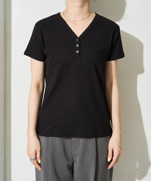 FREAK'S STORE(フリークスストア)の「限定展開 <抗菌防臭・接触冷感>MINT テレコ ピコレース ボタン トップス(Tシャツ/カットソー・レディース・ライトグレー/ナチュラル/ネイビー/オレンジ/モカ/ブラック・フリ-)」の20枚目の写真