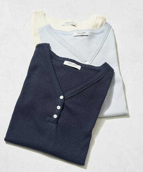 FREAK'S STORE(フリークスストア)の「限定展開 <抗菌防臭・接触冷感>MINT テレコ ピコレース ボタン トップス(Tシャツ/カットソー・レディース・ライトグレー/ナチュラル/ネイビー/オレンジ/モカ/ブラック・フリ-)」の5枚目の写真