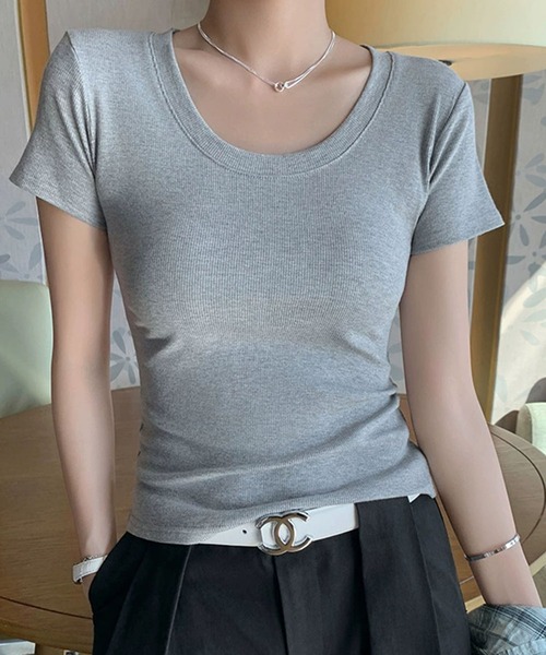 meJane(ミージェーン)の「ラウンドネック 半そでリブTシャツ(Tシャツ/カットソー・レディース・ネイビー/ブラック/ホワイト/グレー・FREE)」の4枚目の写真
