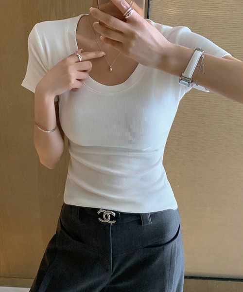 meJane(ミージェーン)の「ラウンドネック 半そでリブTシャツ(Tシャツ/カットソー・レディース・ネイビー/ブラック/ホワイト/グレー・FREE)」の7枚目の写真