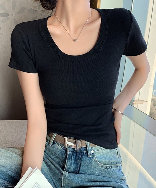 meJane(ミージェーン)の「ラウンドネック 半そでリブTシャツ(Tシャツ/カットソー・レディース・ネイビー/ブラック/ホワイト/グレー・FREE)」の8枚目の写真