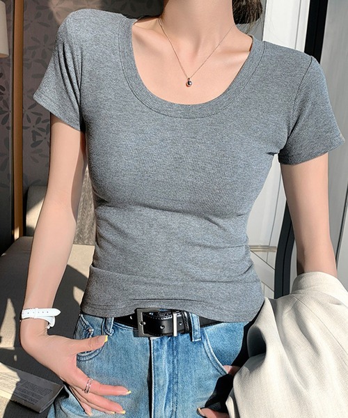 meJane(ミージェーン)の「ラウンドネック 半そでリブTシャツ(Tシャツ/カットソー・レディース・ネイビー/ブラック/ホワイト/グレー・FREE)」の10枚目の写真