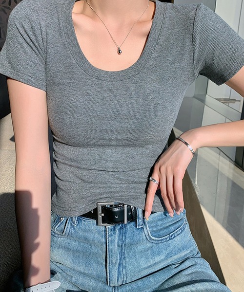 meJane(ミージェーン)の「ラウンドネック 半そでリブTシャツ(Tシャツ/カットソー・レディース・ネイビー/ブラック/ホワイト/グレー・FREE)」の11枚目の写真