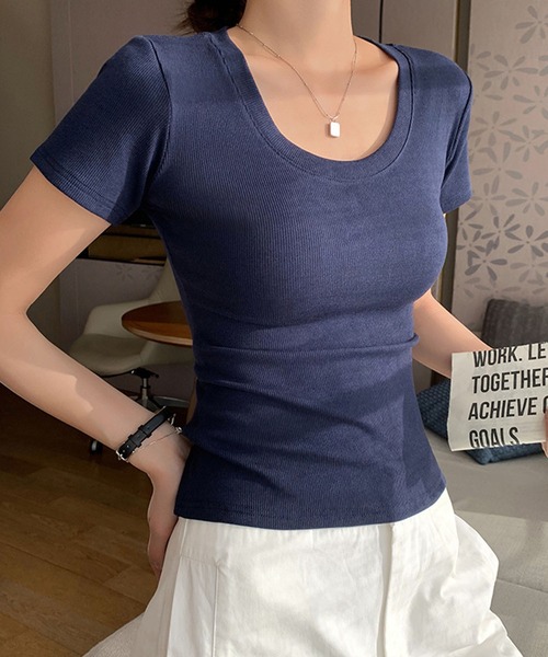 meJane(ミージェーン)の「ラウンドネック 半そでリブTシャツ(Tシャツ/カットソー・レディース・ネイビー/ブラック/ホワイト/グレー・FREE)」の12枚目の写真