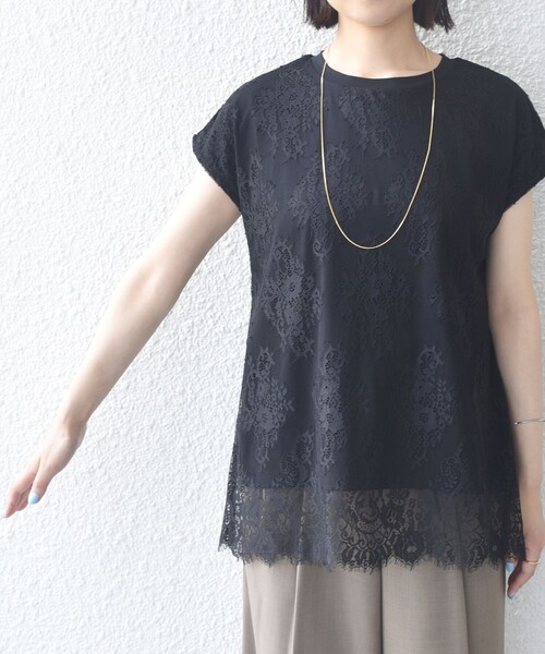 SHIPS Colors（シップス カラーズ）の「SHIPS Colors:〈手洗い可能〉フリンジ レース レイヤード TEE（Tシャツ/カットソー・レディース・オフホワイト/ブラック・ONE SIZE）」の15枚目の写真