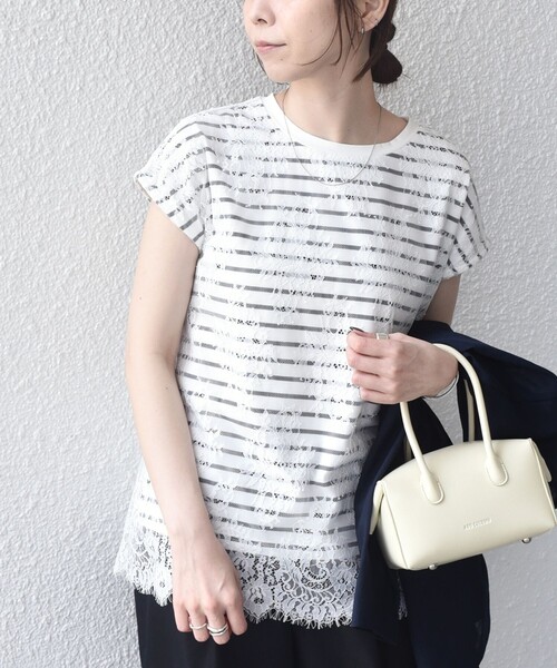 SHIPS Colors（シップス カラーズ）の「SHIPS Colors:〈手洗い可能〉フリンジ レース レイヤード TEE（Tシャツ/カットソー・レディース・オフホワイト/ブラック・ONE SIZE）」の17枚目の写真