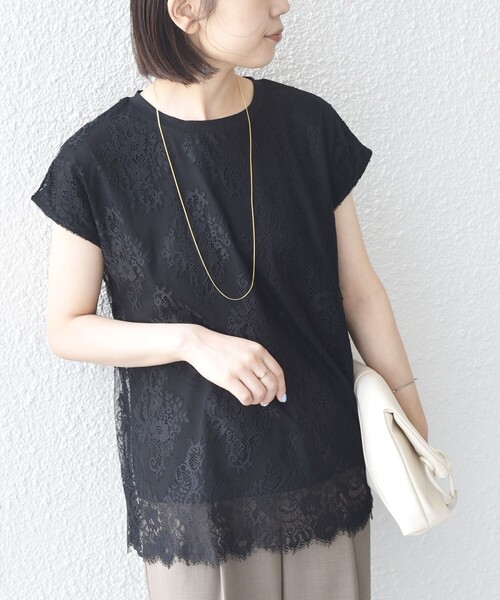 SHIPS Colors（シップス カラーズ）の「SHIPS Colors:〈手洗い可能〉フリンジ レース レイヤード TEE（Tシャツ/カットソー・レディース・オフホワイト/ブラック・ONE SIZE）」の21枚目の写真