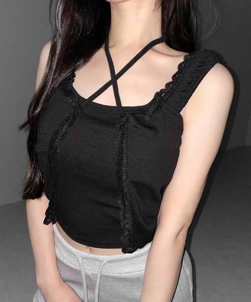me+em select(ミームセレクト)の「【 2WAY 】フロントリボンレイヤードリブキャミタンク / front ribbon layered lib camisole tank※※(その他トップス・レディース・ピンク/ブラック/ホワイト・FREE)」の13枚目の写真