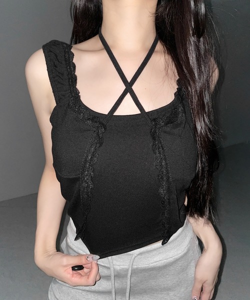 me+em select(ミームセレクト)の「【 2WAY 】フロントリボンレイヤードリブキャミタンク / front ribbon layered lib camisole tank※※(その他トップス・レディース・ピンク/ブラック/ホワイト・FREE)」の15枚目の写真