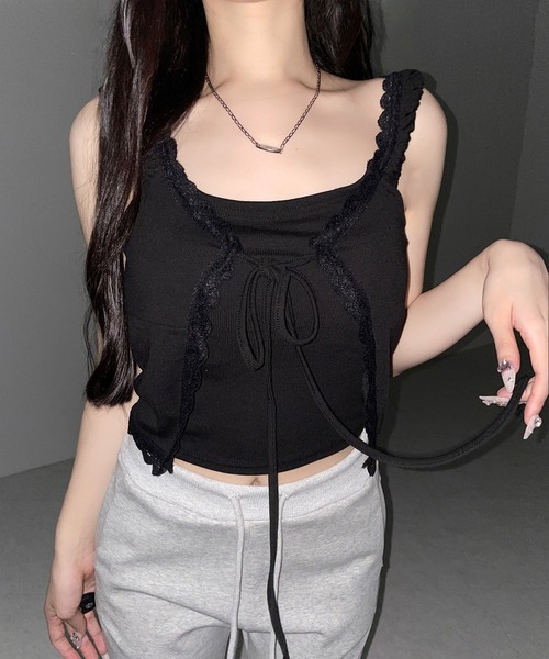 me+em select(ミームセレクト)の「【 2WAY 】フロントリボンレイヤードリブキャミタンク / front ribbon layered lib camisole tank※※(その他トップス・レディース・ピンク/ブラック/ホワイト・FREE)」の17枚目の写真