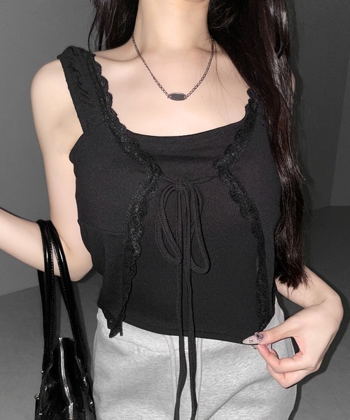 me+em select(ミームセレクト)の「【 2WAY 】フロントリボンレイヤードリブキャミタンク / front ribbon layered lib camisole tank※※(その他トップス・レディース・ピンク/ブラック/ホワイト・FREE)」の18枚目の写真