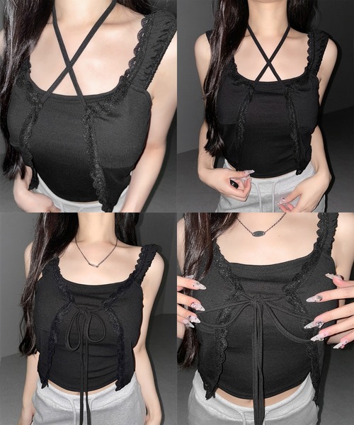 me+em select(ミームセレクト)の「【 2WAY 】フロントリボンレイヤードリブキャミタンク / front ribbon layered lib camisole tank※※(その他トップス・レディース・ピンク/ブラック/ホワイト・FREE)」の5枚目の写真