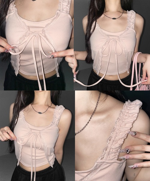 me+em select(ミームセレクト)の「【 2WAY 】フロントリボンレイヤードリブキャミタンク / front ribbon layered lib camisole tank※※(その他トップス・レディース・ピンク/ブラック/ホワイト・FREE)」の6枚目の写真