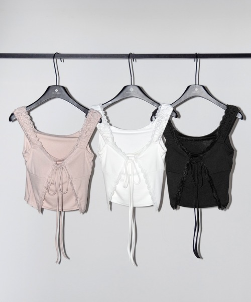 me+em select(ミームセレクト)の「【 2WAY 】フロントリボンレイヤードリブキャミタンク / front ribbon layered lib camisole tank※※(その他トップス・レディース・ピンク/ブラック/ホワイト・FREE)」の8枚目の写真