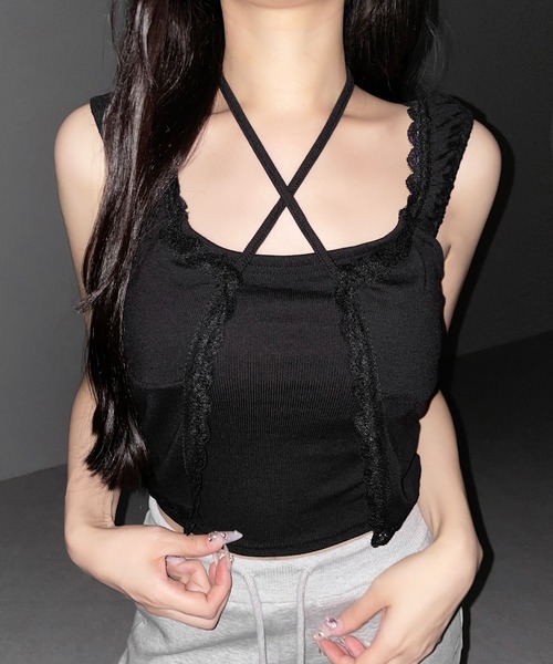 me+em select(ミームセレクト)の「【 2WAY 】フロントリボンレイヤードリブキャミタンク / front ribbon layered lib camisole tank※※(その他トップス・レディース・ピンク/ブラック/ホワイト・FREE)」の11枚目の写真