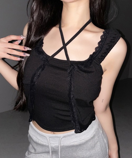 me+em select(ミームセレクト)の「【 2WAY 】フロントリボンレイヤードリブキャミタンク / front ribbon layered lib camisole tank※※(その他トップス・レディース・ピンク/ブラック/ホワイト・FREE)」の10枚目の写真