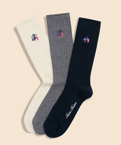 BROOKS BROTHERS（ブルックスブラザーズ）の「【アメリカ建国250th記念】 コットンブレンド　星条旗GFロゴ　クルーソックス（ソックス/靴下・メンズ・グレー/ネイビー/ホワイト・ONE SIZE）」の4枚目の写真