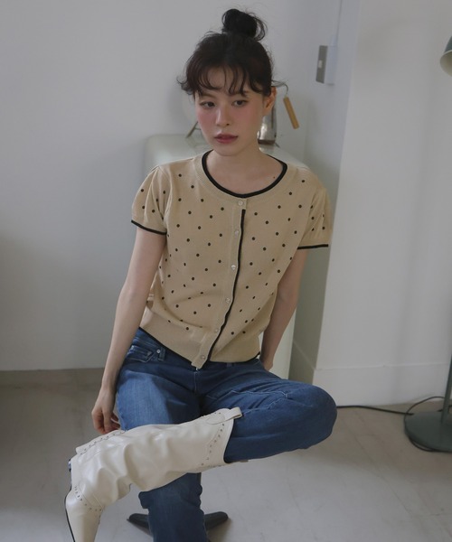 Mili affinity(ミリアフィニティー)の「配色ドット柄半袖ニットトップス(カーディガン/ボレロ・レディース・ブラック×グレー/ホワイト×ブラウン/ベージュ×ブラック/ブラック×ホワイト・FREE)」の19枚目の写真