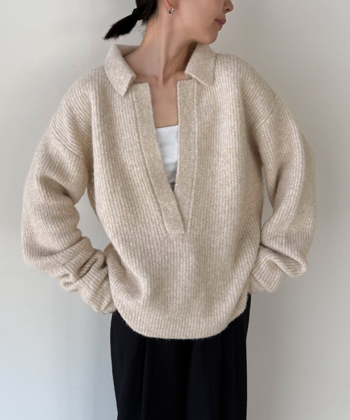 select MOCA by son(セレクトモカバイソン)の「スキッパーリブニットトップス【by SON】(ニット/セーター・レディース・ベージュ/ブラウン/ブラック・FREE)」の3枚目の写真