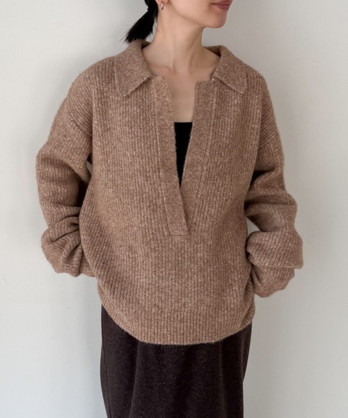 select MOCA by son(セレクトモカバイソン)の「スキッパーリブニットトップス【by SON】(ニット/セーター・レディース・ベージュ/ブラウン/ブラック・FREE)」の1枚目の写真
