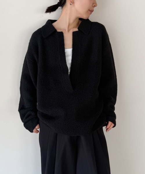 select MOCA by son(セレクトモカバイソン)の「スキッパーリブニットトップス【by SON】(ニット/セーター・レディース・ベージュ/ブラウン/ブラック・FREE)」の2枚目の写真