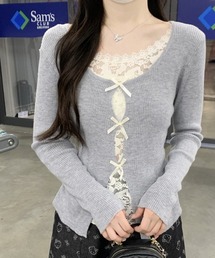スクエアネック レース切替 フェイクレイヤード ボウタイ ウール混 長袖ニット