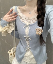 スクエアネック レース切替 フェイクレイヤード ボウタイ ウール混 長袖ニット