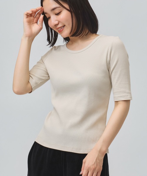 TIGORA(ティゴラ)の「ティゴラ TIGORA ストレッチリブ5分袖シャツ(Tシャツ/カットソー・レディース・ダークブラウン/ライトベージュ/チャコールグレー・S/XL)」の3枚目の写真