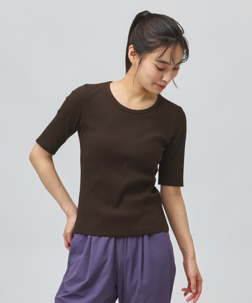 TIGORA(ティゴラ)の「ティゴラ TIGORA ストレッチリブ5分袖シャツ(Tシャツ/カットソー・レディース・ダークブラウン/ライトベージュ/チャコールグレー・S/XL)」の8枚目の写真