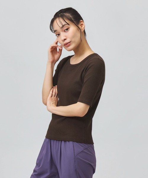 TIGORA(ティゴラ)の「ティゴラ TIGORA ストレッチリブ5分袖シャツ(Tシャツ/カットソー・レディース・ダークブラウン/ライトベージュ/チャコールグレー・S/XL)」の9枚目の写真