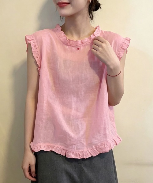 ONEP STAR(ワンピスター)の「前後2WAYフリルノースリーブブラウス(シャツ/ブラウス・レディース・ピンク・X-LARGE/LARGE/MEDIUM)」の1枚目の写真