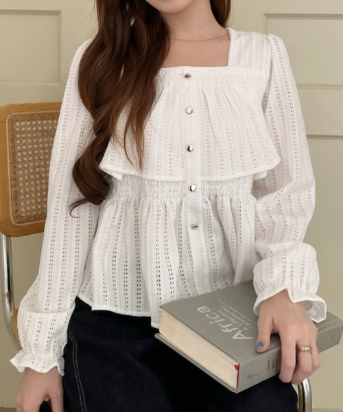 Ada.(エイダ)の「透かし編み スクエアネック ペプラム トップス(シャツ/ブラウス・レディース・ブラウン/ホワイト/ブラック/ブルー・FREE)」の8枚目の写真