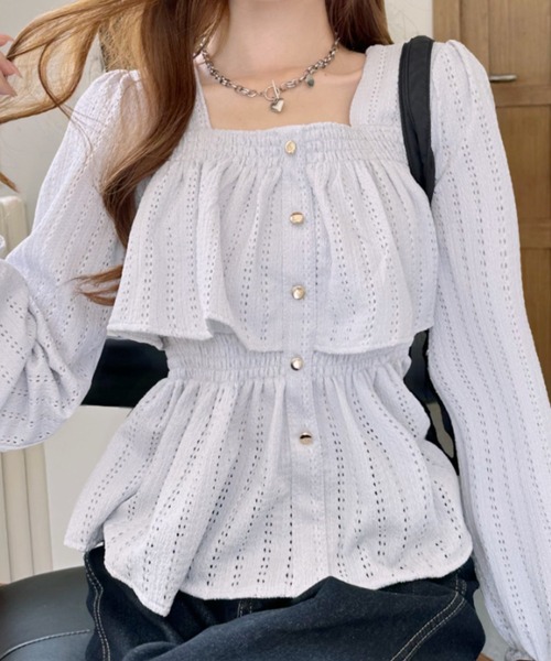 Ada.(エイダ)の「透かし編み スクエアネック ペプラム トップス(シャツ/ブラウス・レディース・ブラウン/ホワイト/ブラック/ブルー・FREE)」の22枚目の写真