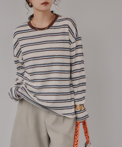 210nouve(トゥージュヌーブ)の「配色 マルチボーダー リンガー ロンT(Tシャツ/カットソー・レディース・ダークブラウン/ネイビー/グレー・FREE)」の1枚目の写真