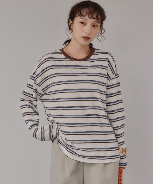 210nouve(トゥージュヌーブ)の「配色 マルチボーダー リンガー ロンT(Tシャツ/カットソー・レディース・ダークブラウン/ネイビー/グレー・FREE)」の5枚目の写真