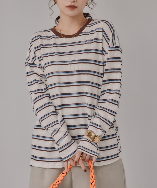 210nouve(トゥージュヌーブ)の「配色 マルチボーダー リンガー ロンT(Tシャツ/カットソー・レディース・ダークブラウン/ネイビー/グレー・FREE)」の10枚目の写真