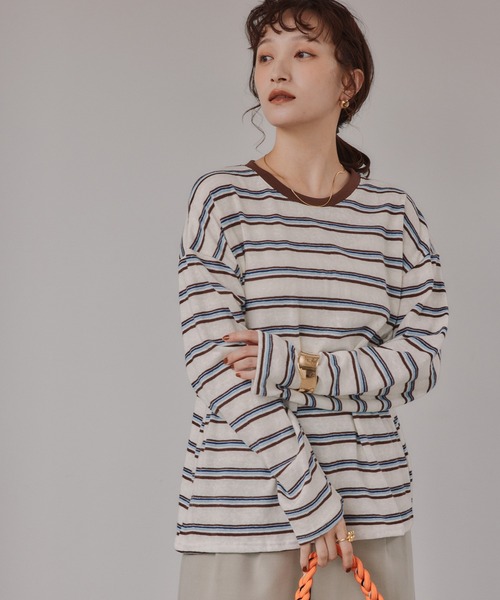 210nouve(トゥージュヌーブ)の「配色 マルチボーダー リンガー ロンT(Tシャツ/カットソー・レディース・ダークブラウン/ネイビー/グレー・FREE)」の6枚目の写真