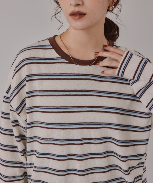 210nouve(トゥージュヌーブ)の「配色 マルチボーダー リンガー ロンT(Tシャツ/カットソー・レディース・ダークブラウン/ネイビー/グレー・FREE)」の8枚目の写真