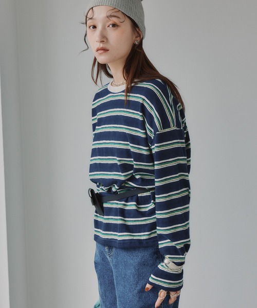 210nouve(トゥージュヌーブ)の「配色 マルチボーダー リンガー ロンT(Tシャツ/カットソー・レディース・ダークブラウン/ネイビー/グレー・FREE)」の16枚目の写真