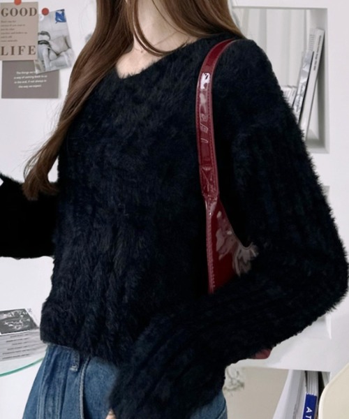 Ada.（エイダ）の「シャギー リブ Ｖネック ニット プルオーバー（ニット/セーター・レディース・ピンク/ホワイト/レッド/グレー/ブラック・FREE）」の8枚目の写真