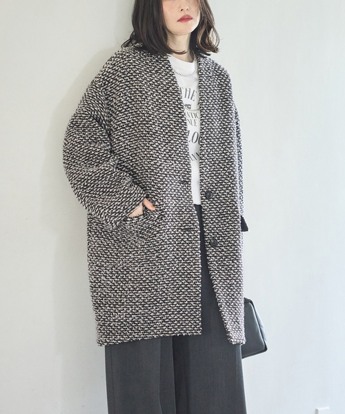 journal standard L'essage(ジャーナルスタンダードレサージュ)の「《一部WEB限定カラー/》SUPER140S/GIOLICA コクーンコート(ノーカラーコート・レディース・ブラックミックス/カーキ/ブラック/ブラック系その他・36/38)」の2枚目の写真