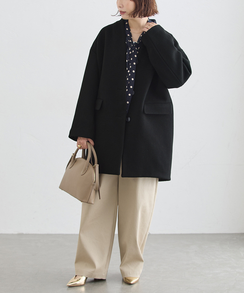 journal standard L'essage(ジャーナルスタンダードレサージュ)の「《一部WEB限定カラー/》SUPER140S/GIOLICA コクーンコート(ノーカラーコート・レディース・ブラックミックス/カーキ/ブラック/ブラック系その他・36/38)」の5枚目の写真