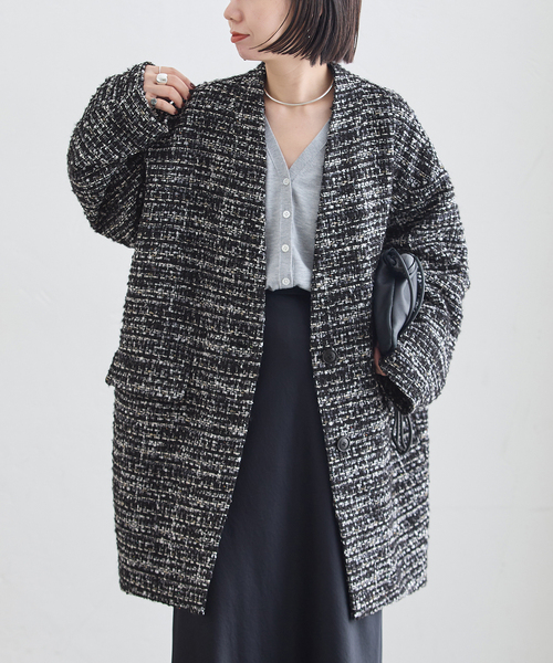 journal standard L'essage(ジャーナルスタンダードレサージュ)の「《一部WEB限定カラー/》SUPER140S/GIOLICA コクーンコート(ノーカラーコート・レディース・ブラックミックス/カーキ/ブラック/ブラック系その他・36/38)」の14枚目の写真